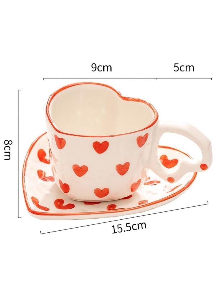 Premium Heart Shaped Ceramic Cup & Saucer with Red Heart Pattern – Cute Coffee Tea Set - Image 2